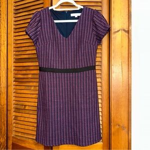EUC Loft short sleeve navy/maroon/mauve tweed dress, size 4